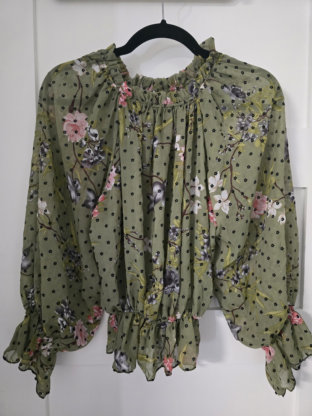 Olive Green Floral Smocked-Neck Blouse